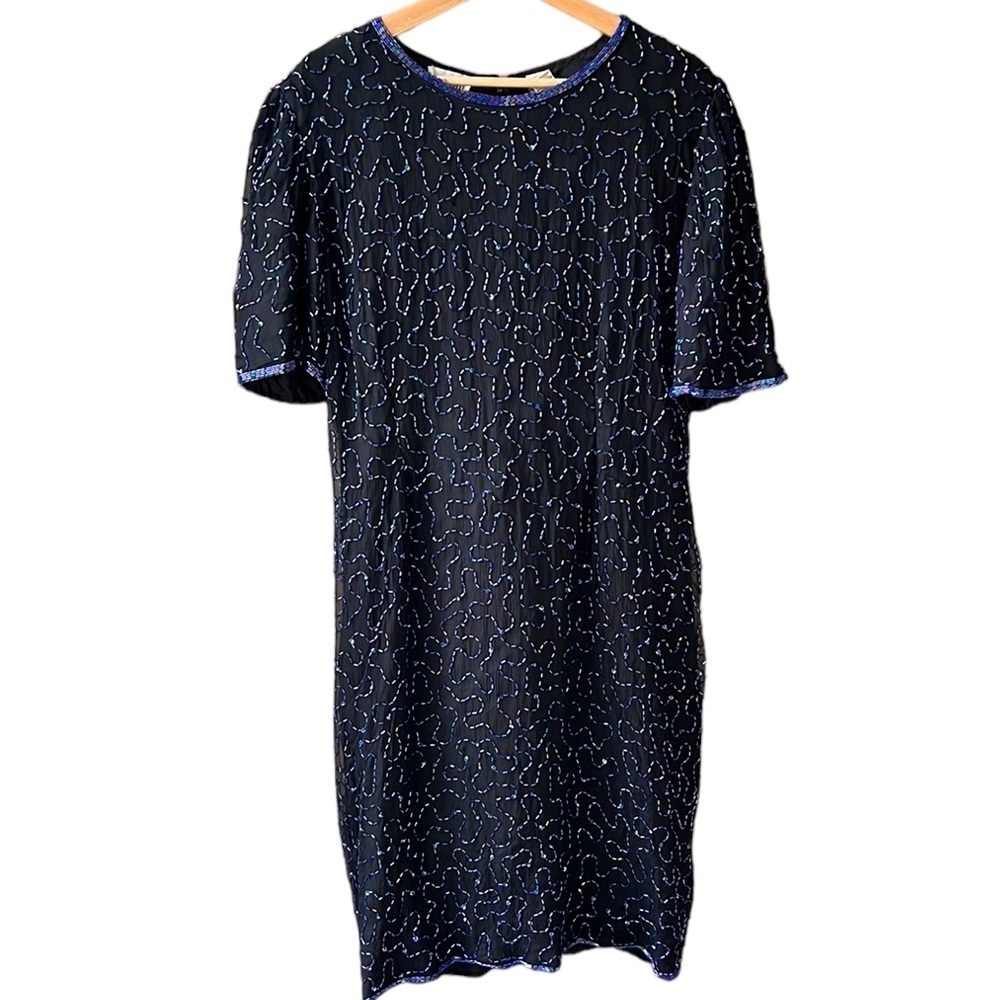 Denise Elle Vintage 80’s 100% Silk Fully Embellished Sheath Dress Iridescent